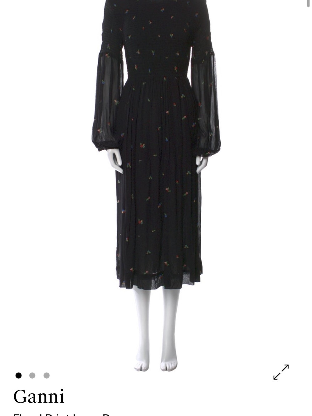 Ganni Black Midi Dress with Subtle Multicolor Embroidery